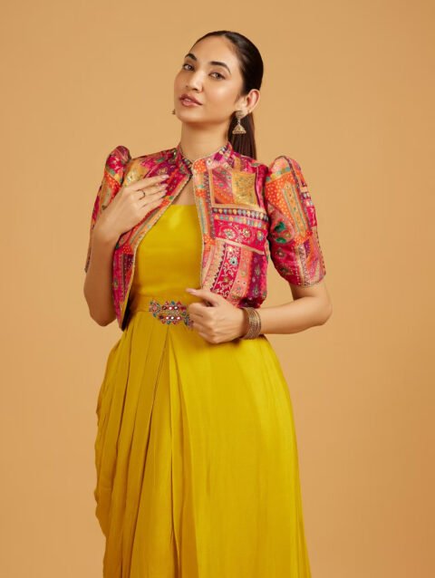 Mustard Yellow Indo Western with Aztec Printed Cape