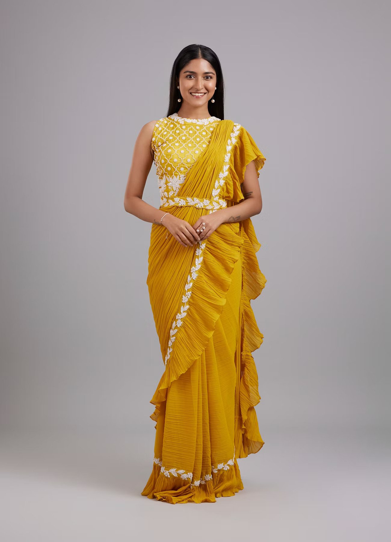 Sun-Kissed Yellow Georgette Pre Draped Saree - Image 2